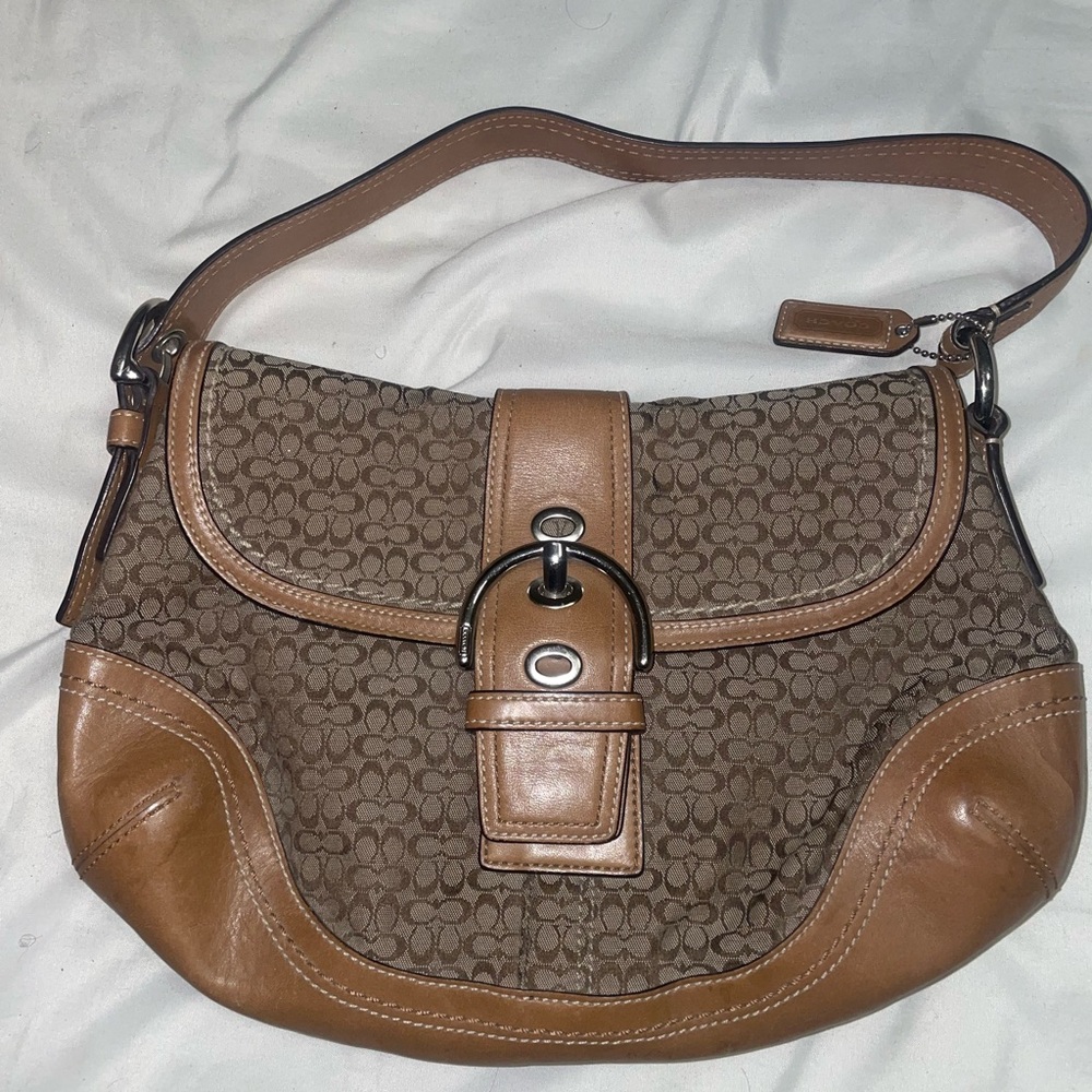 Coach Brown and Tan Signature Shoulder Bag